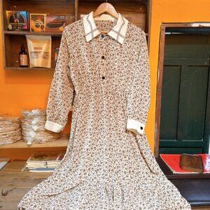 Brown Ditsy Floral Shirt Dress Long Sleeve Cottagecore Midi Dress